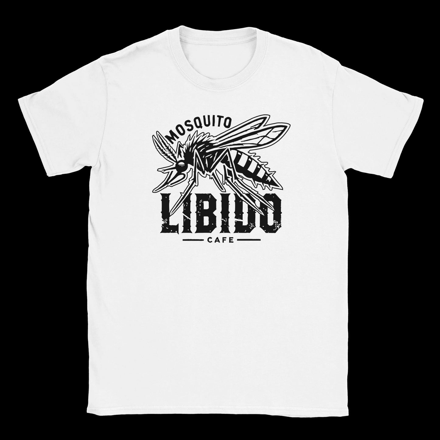 Black graphic of a stylized mosquito above distressed “Mosquito Libido Café” text printed on a white T-shirt