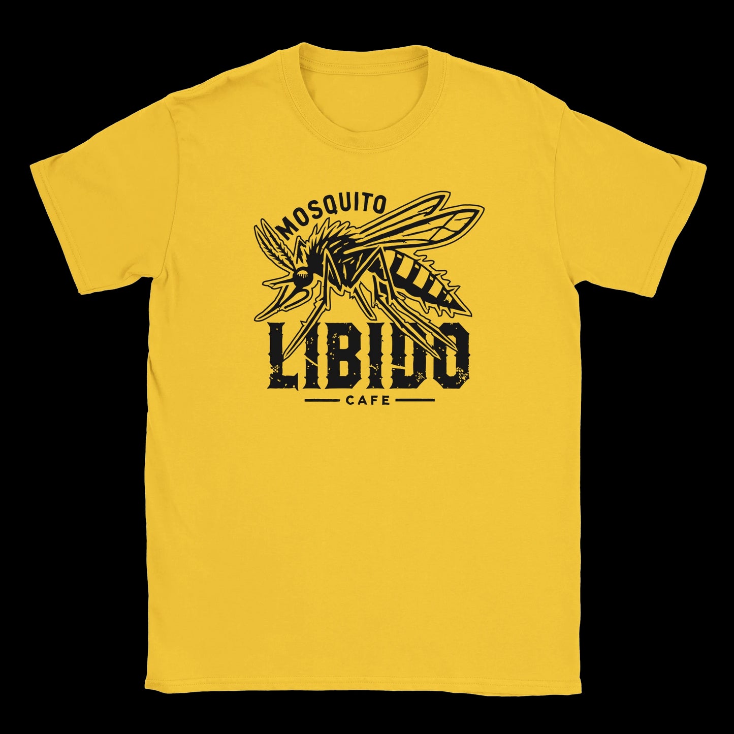 Black graphic of a stylized mosquito above distressed “Mosquito Libido Café” text printed on a yellow T-shirt