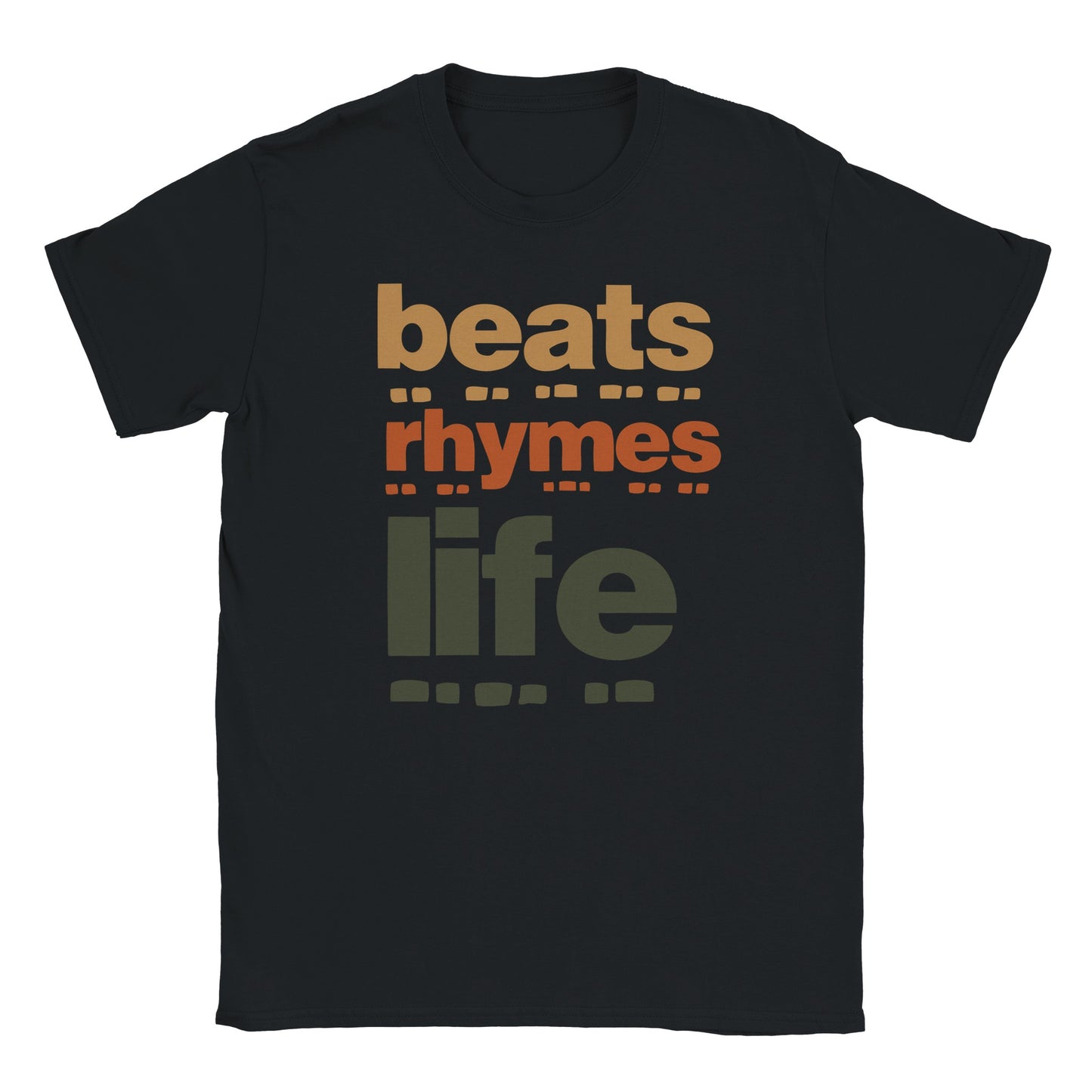 Black T-shirt with stacked text reading “beats rhymes life” in brown, red, and green with stylized block accents