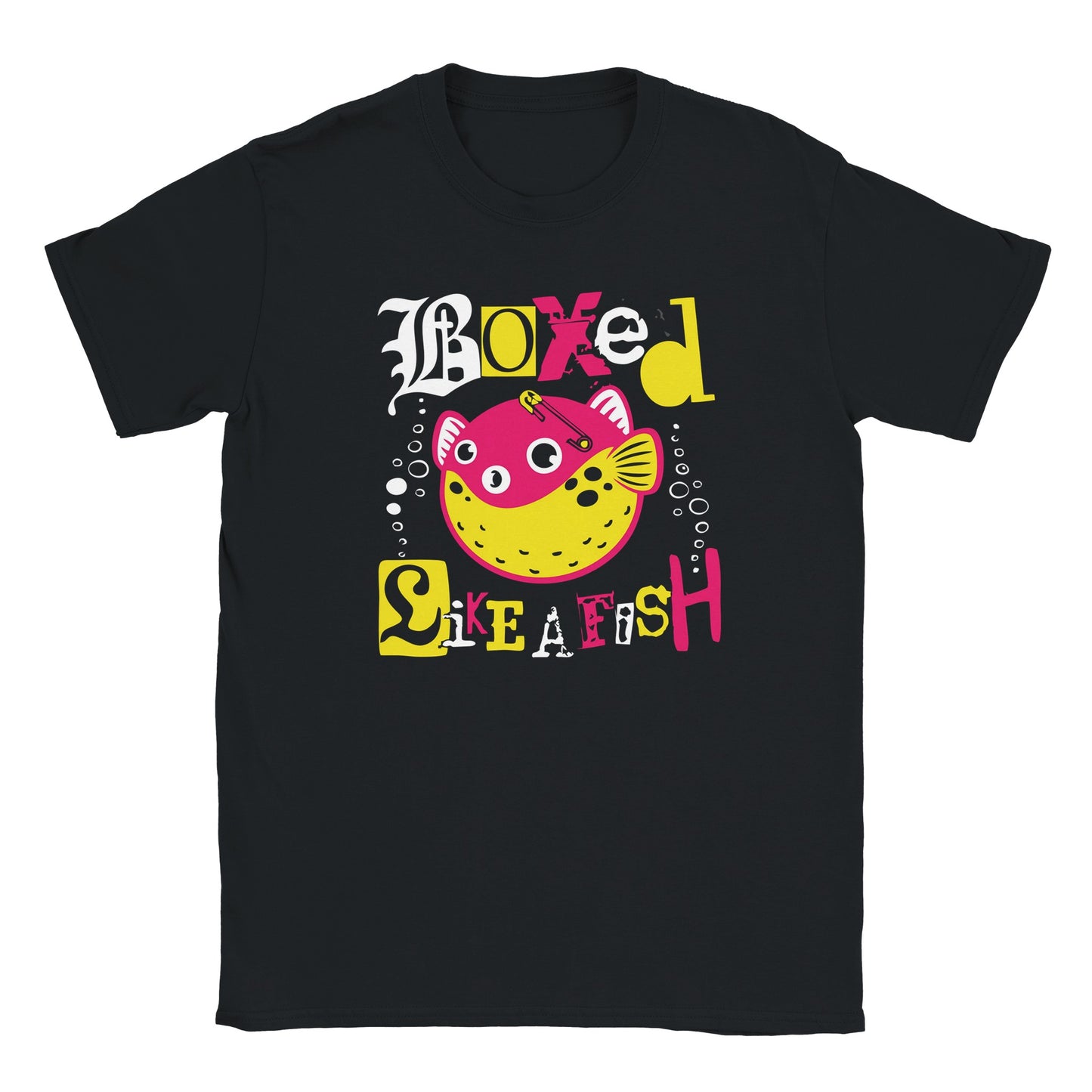 Black T-shirt with bold pink and yellow pufferfish graphic and mixed-style text reading “Boxed Like a Fish”