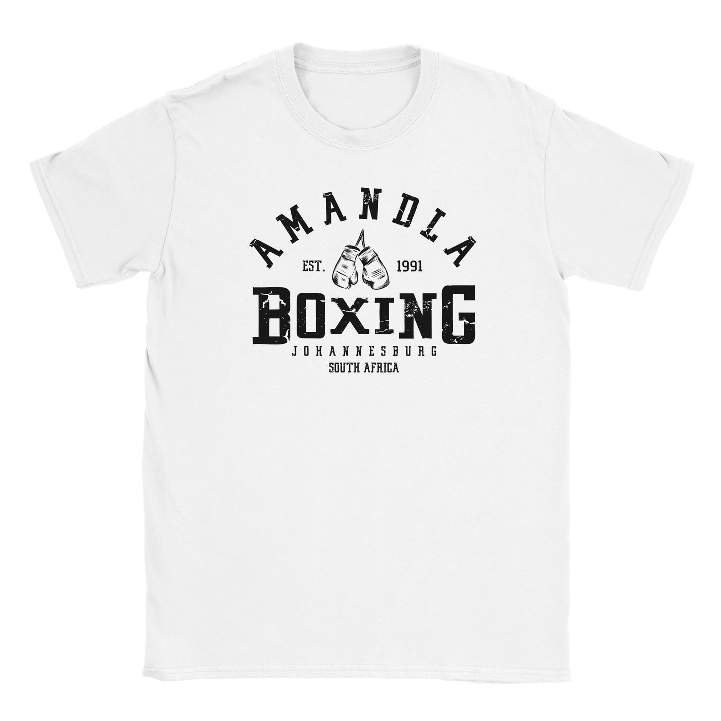 White T-shirt with black distressed text reading “Amandla Boxing Johannesburg South Africa” and graphic of vintage boxing gloves