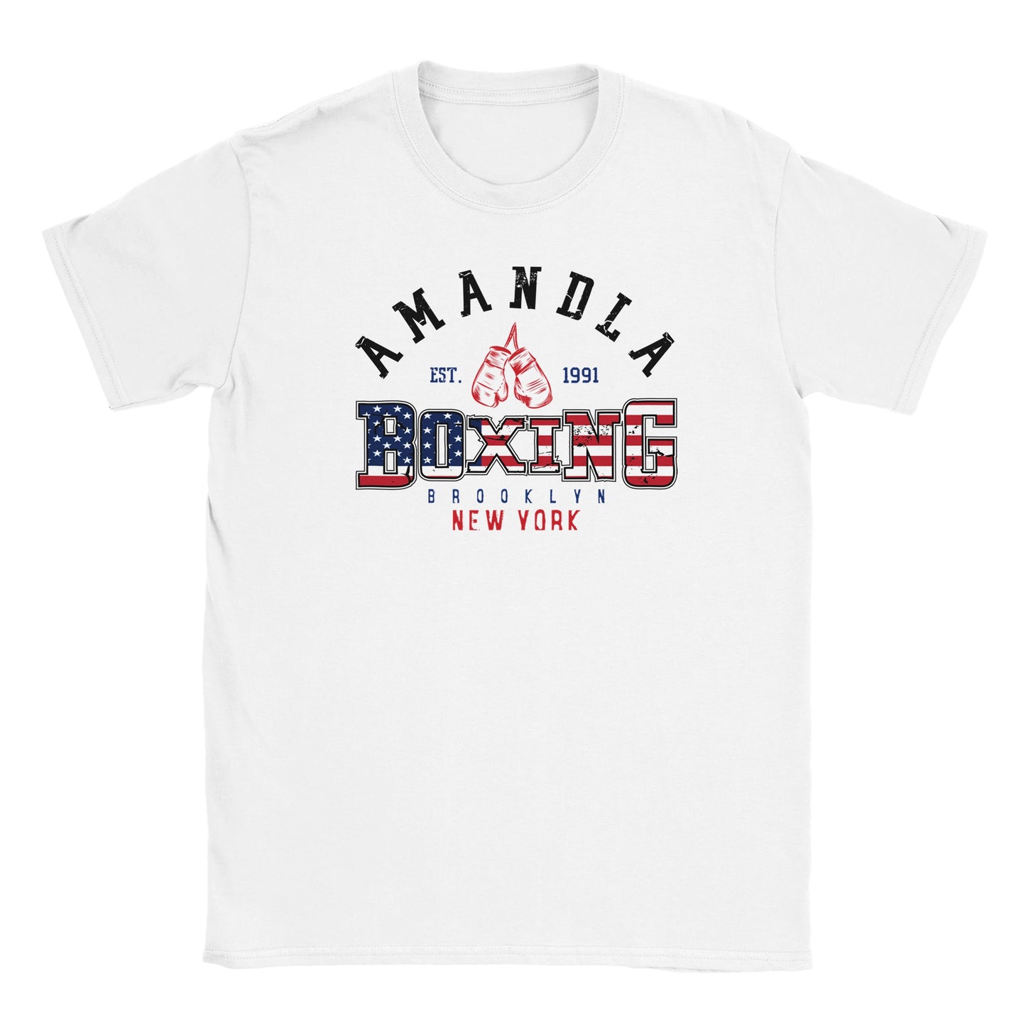 White T-shirt with American flag-style text reading “Amandla Boxing Brooklyn New York” and red boxing glove graphic