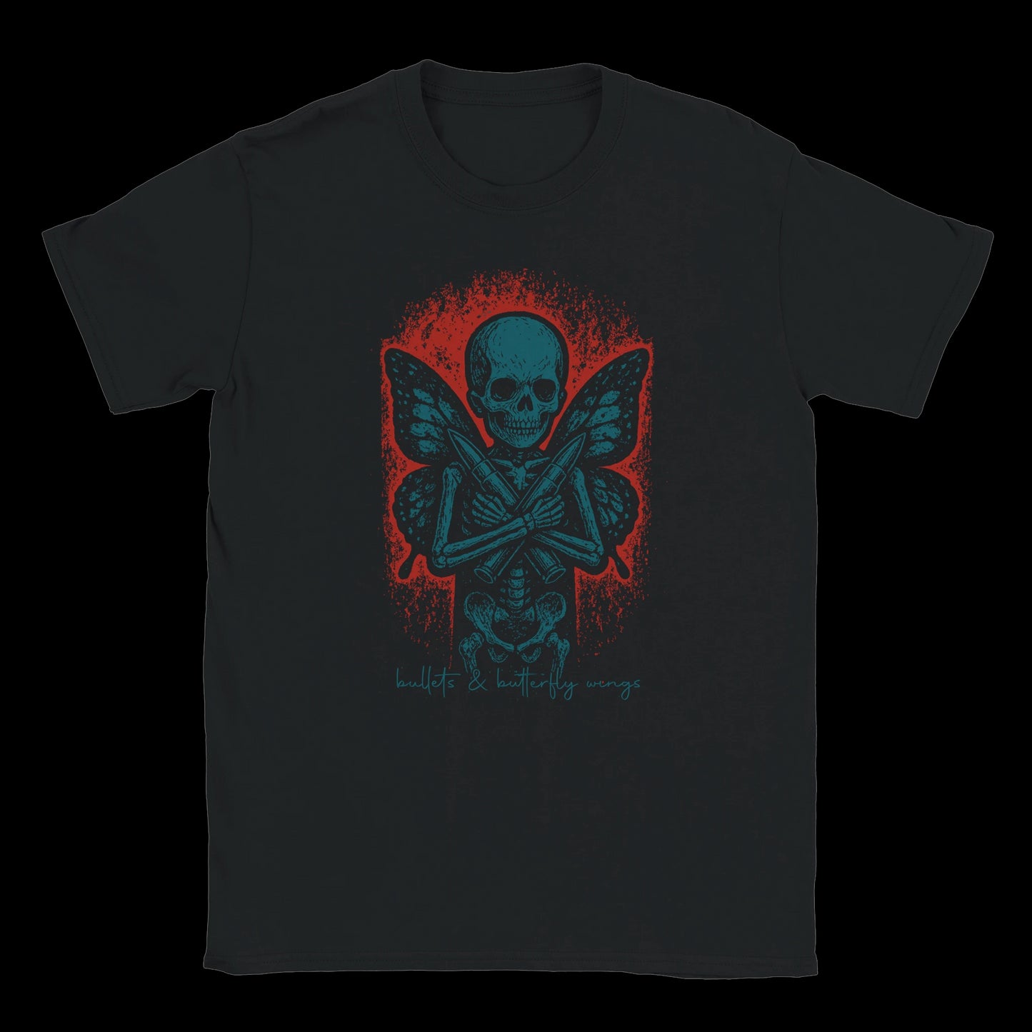 Blue skull with butterfly wings and crossed bullets on a red splash background black t-shirt