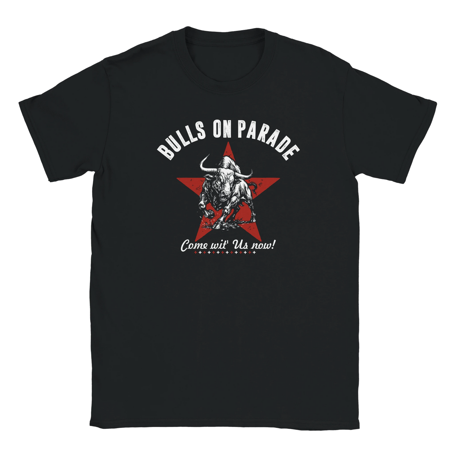 Distressed red star with charging bull silhouette on black T-shirt