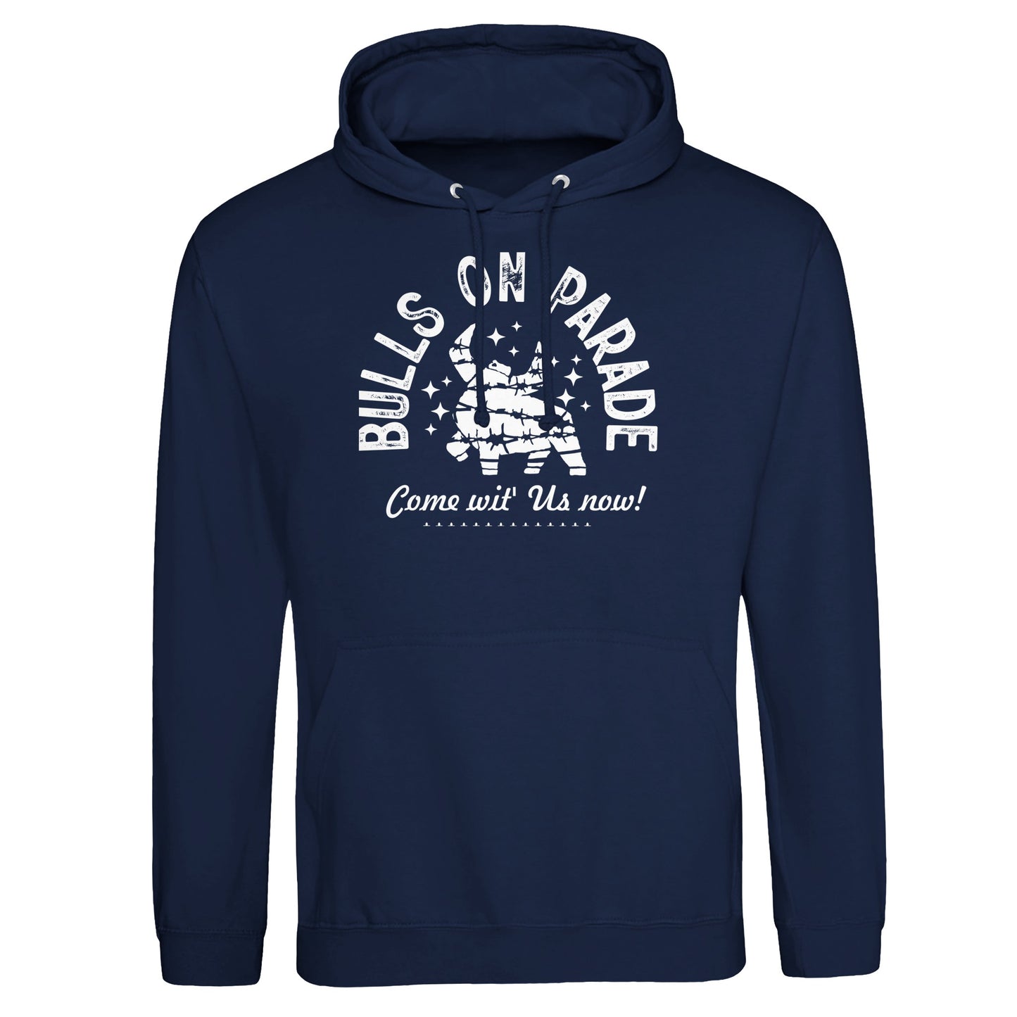 a stylized bull surrounded by stars and the text 'Bulls on Parade' above and 'Come wit’ Us now!' below—conveying rebellious energy and street-style attitude."