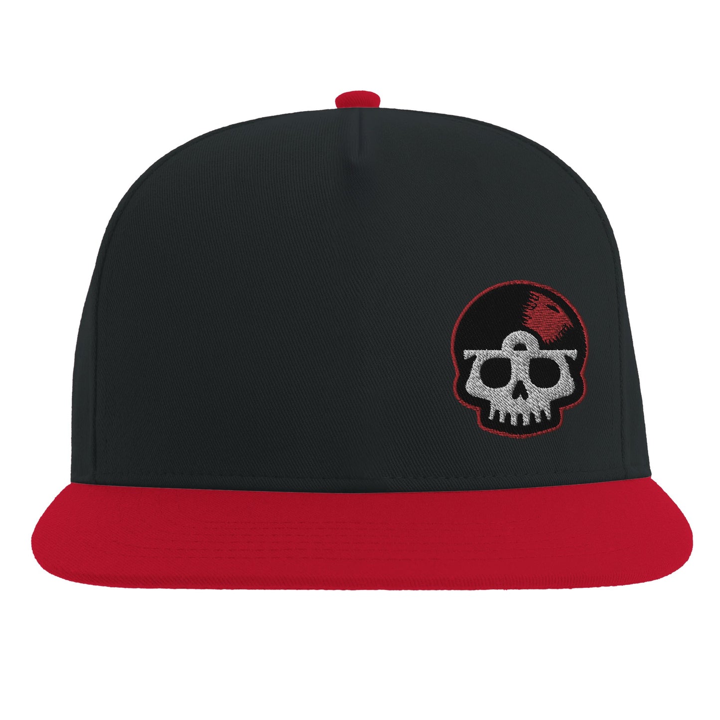 Black snapback hat with red brim and embroidered skull featuring vinyl detail in red and white