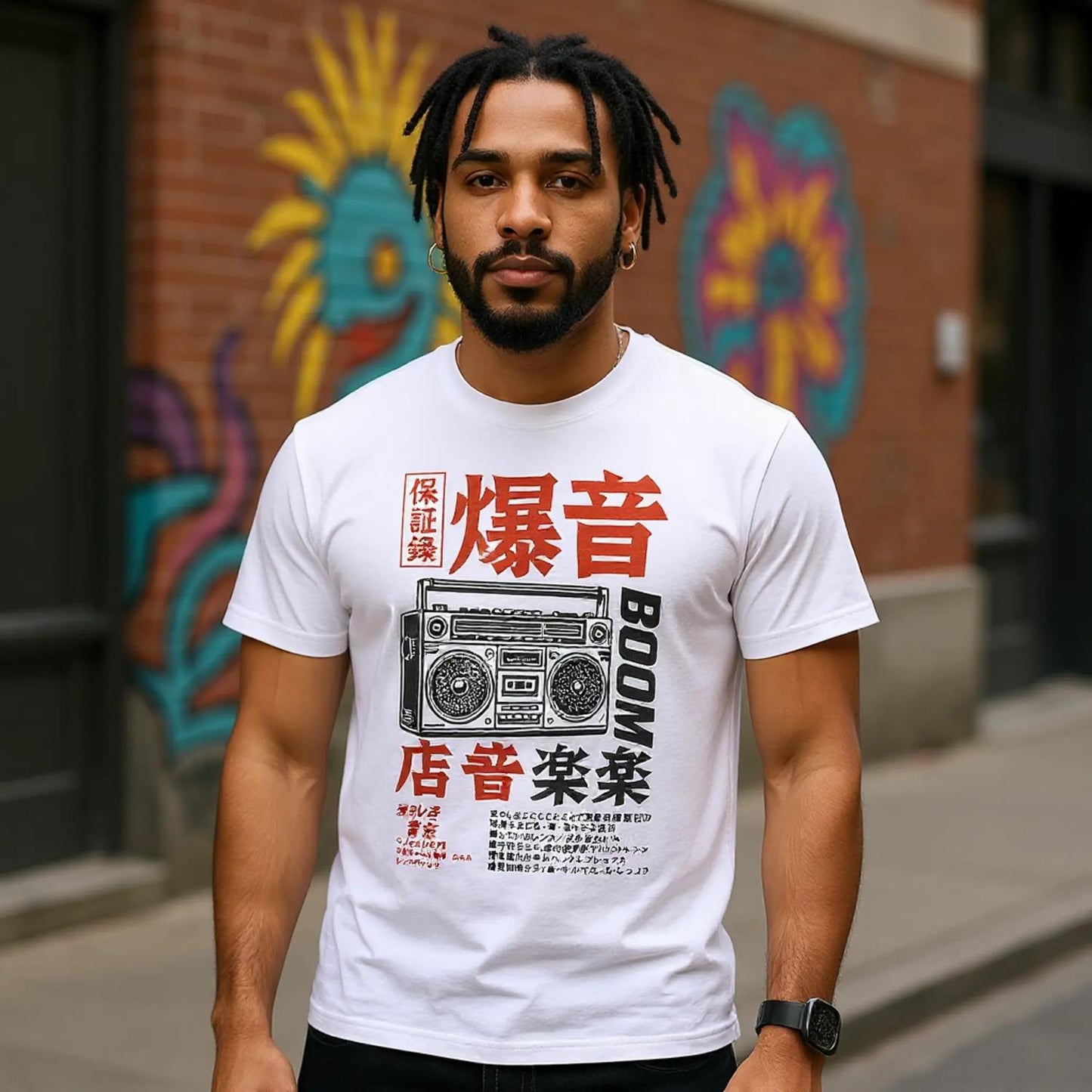 Dead Cassette Society Lo-Fi Noise Ritual white T-shirt with Japanese boombox streetwear graphic model