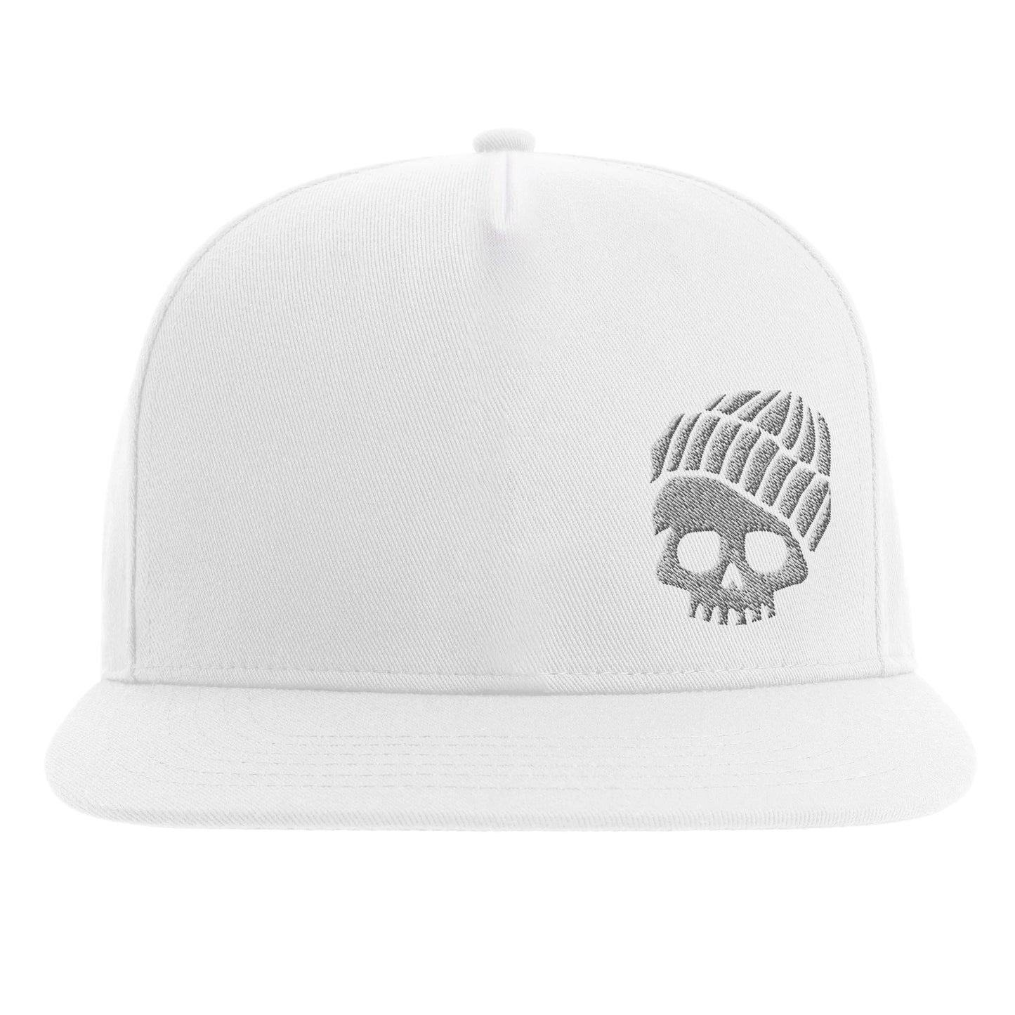 White snapback hat with embroidered gray skull wearing a beanie on the front panel