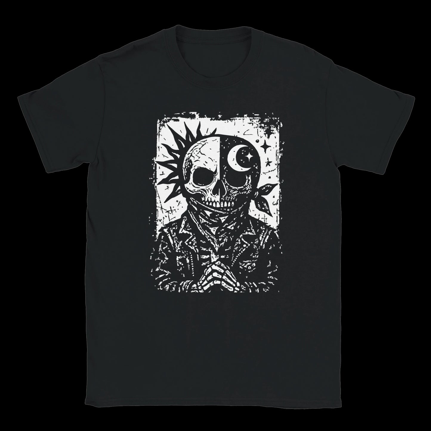 Grunge-style skull with split sun and moon face wearing jacket and bandana on black t-shirt