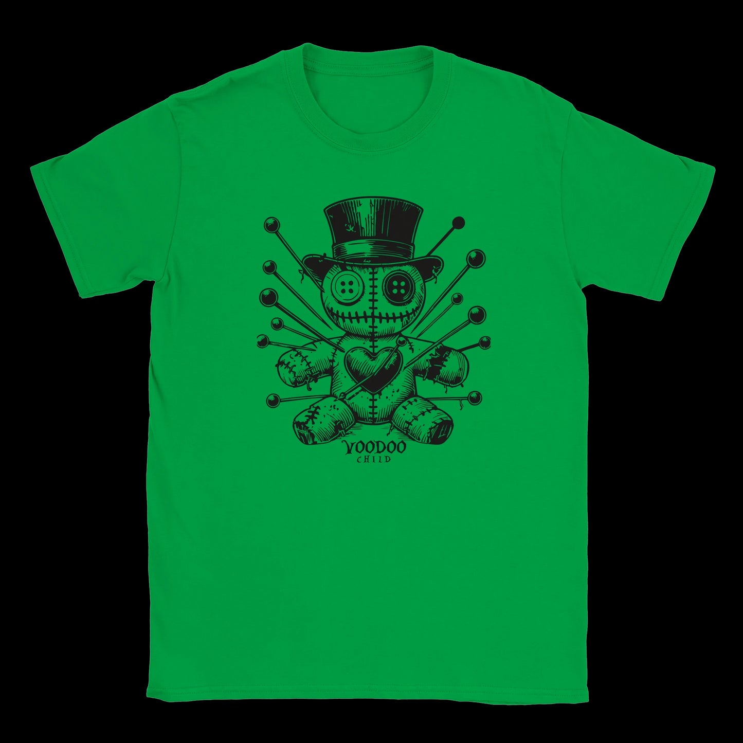 Voodoo doll with top hat and stitched heart surrounded by pins on green t-shirt