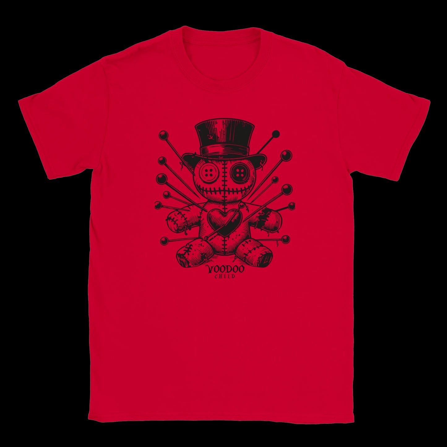 Voodoo doll with top hat and stitched heart surrounded by pins on red t-shirt