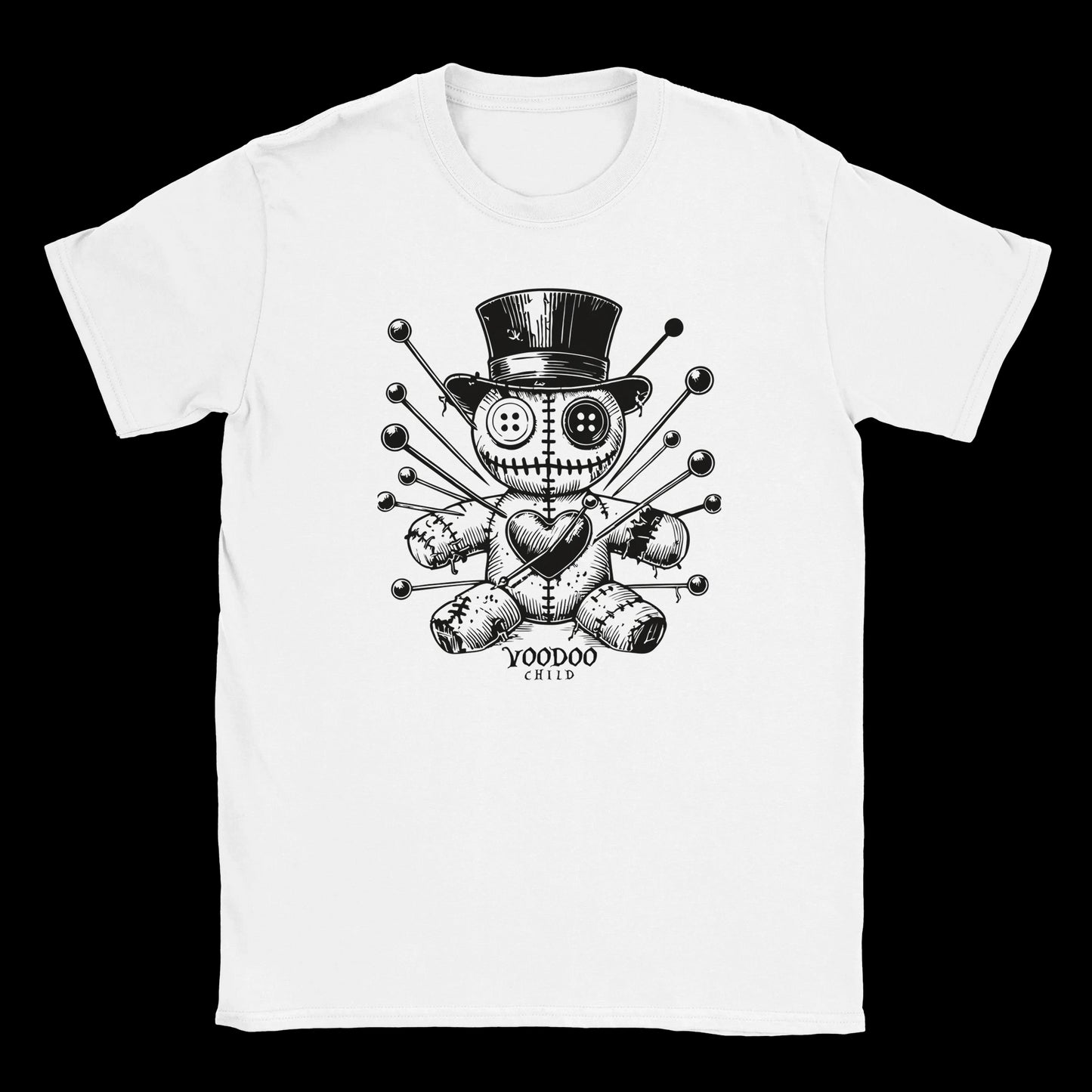 Voodoo doll with top hat and stitched heart surrounded by pins on white t-shirt