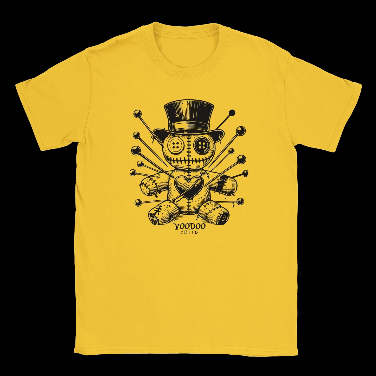 Voodoo doll with top hat and stitched heart surrounded by pins on yellow t-shirt
