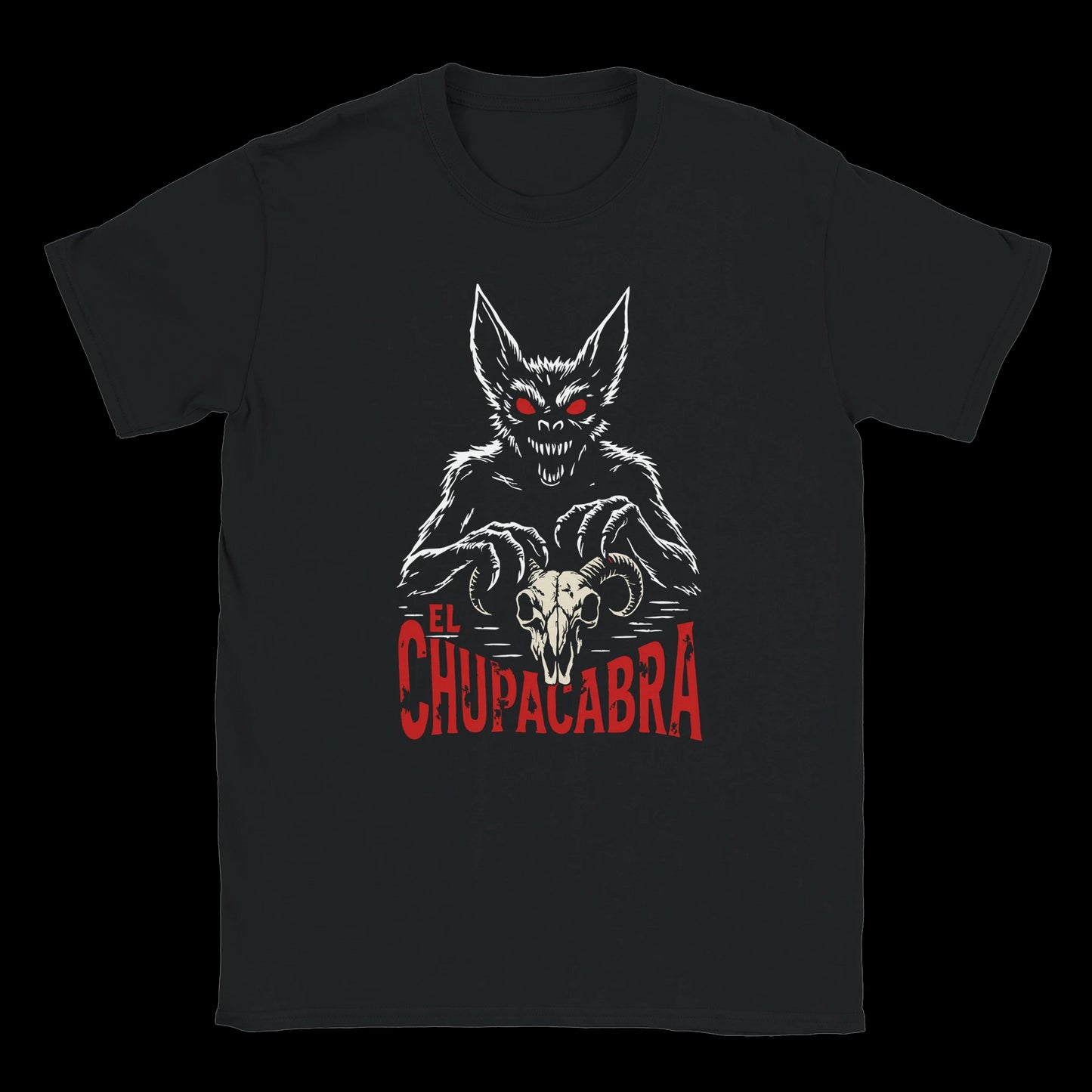 Chupacabra monster with red eyes and claws over ram skull and horror-style red text on black t-shirt