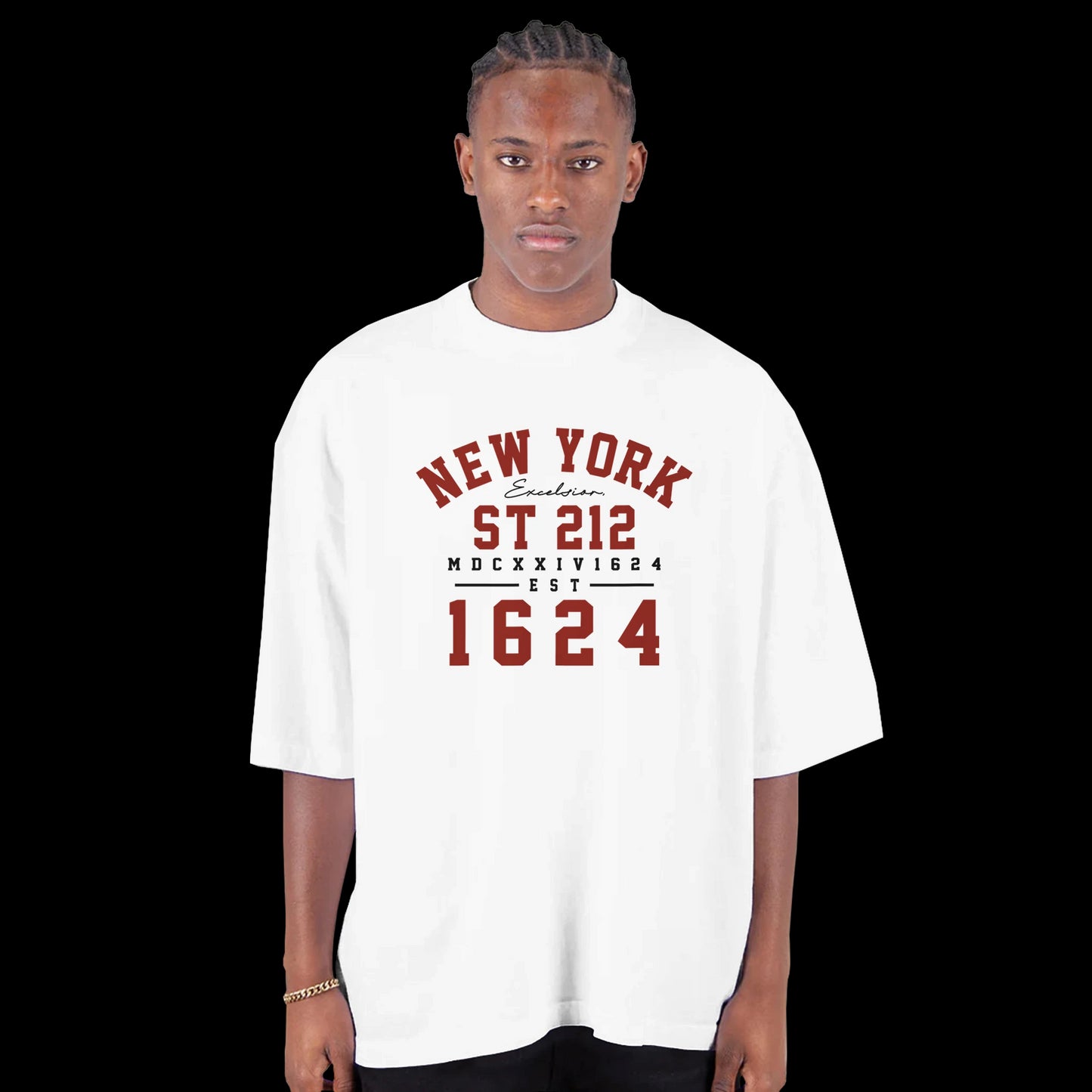Empire Born 1624 New York Legacy design in red text on a white T-shirt