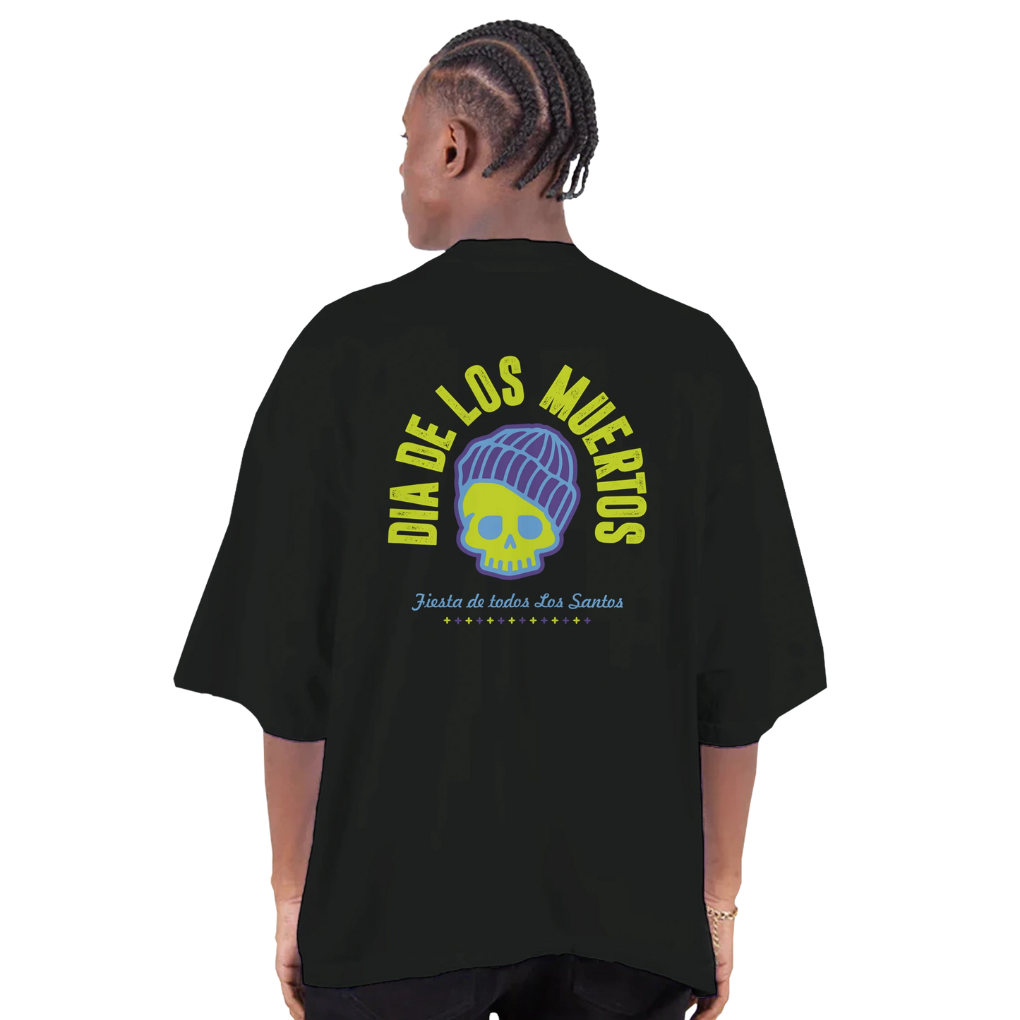 Eternal Fiesta Dia de los Muertos Skull black T-shirt with neon green and purple skull graphic design back