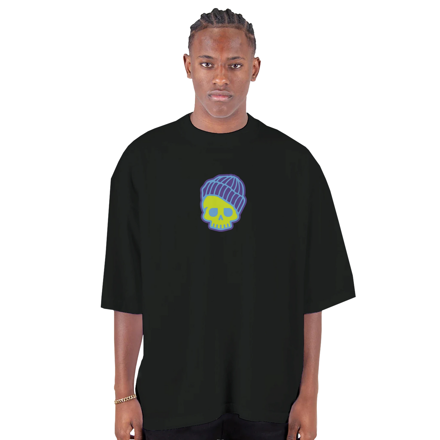 Eternal Fiesta Dia de los Muertos Skull black T-shirt with neon green and purple skull graphic design front