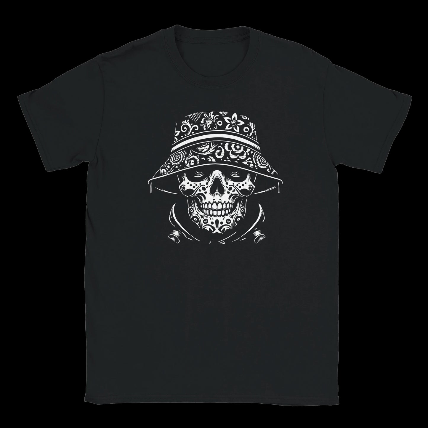 Ornate skull with floral bucket hat and sugar skull detailing on black t-shirt