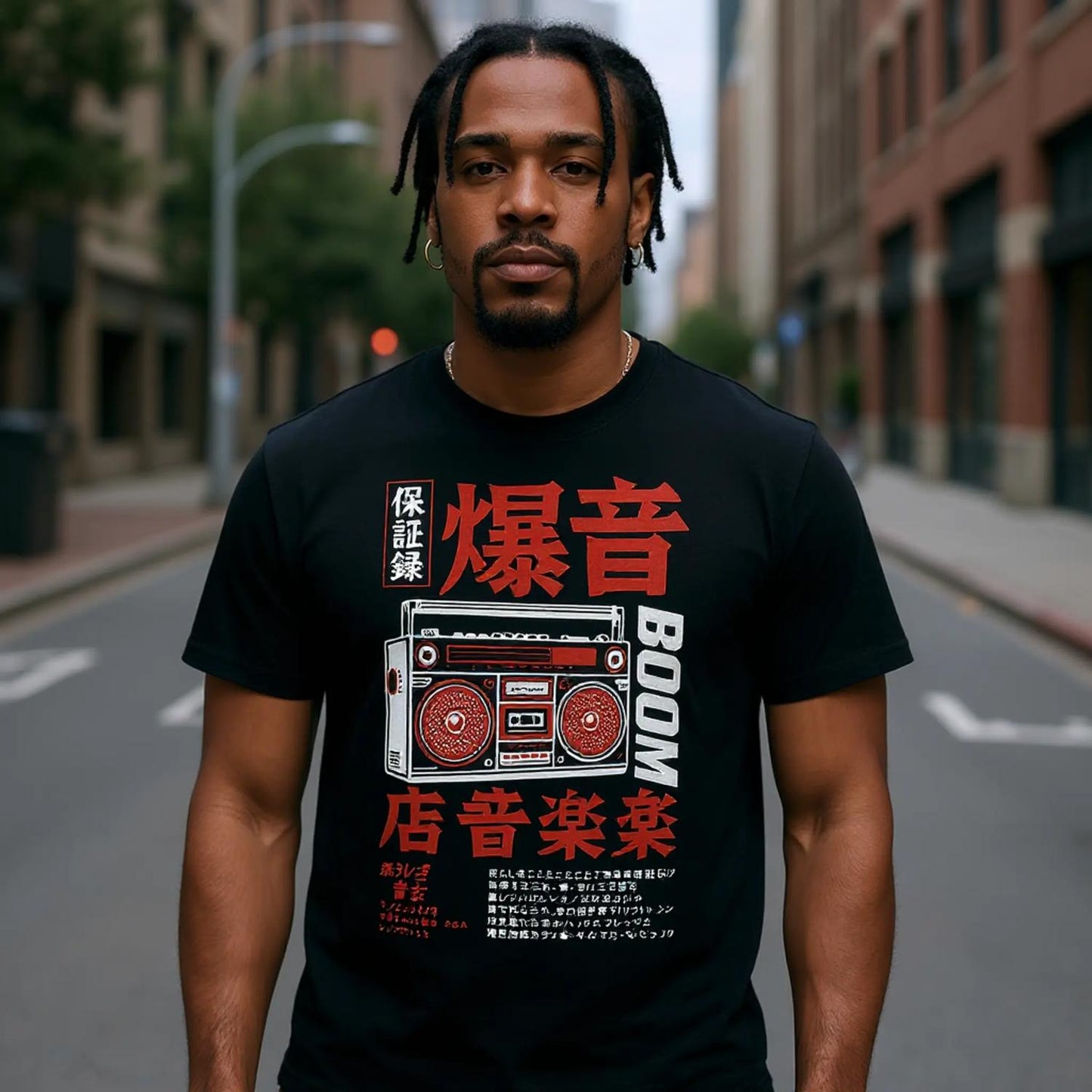 Frequencies of Fury Sonic Riot boombox design in red and white on a black T-shirt model