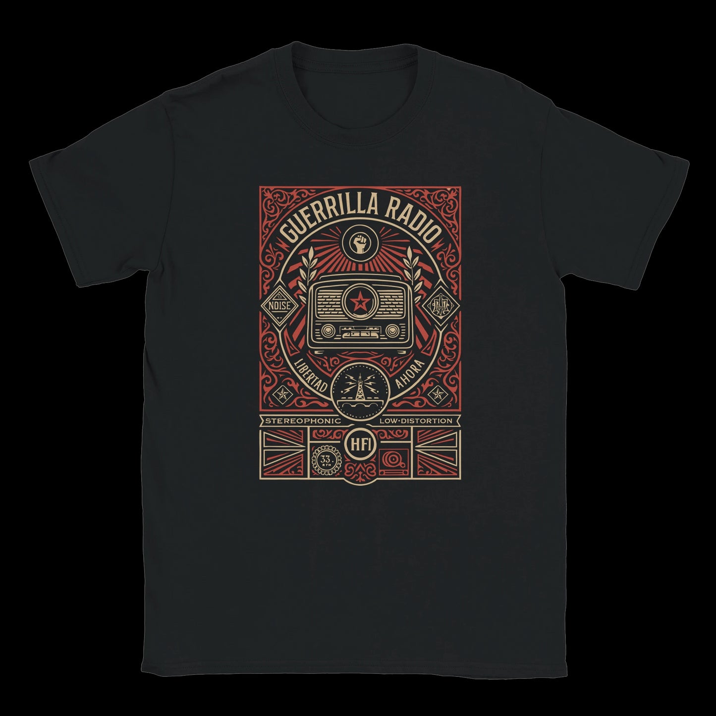 Retro protest radio design with star, raised fist, and bold red typography on black t-shirt