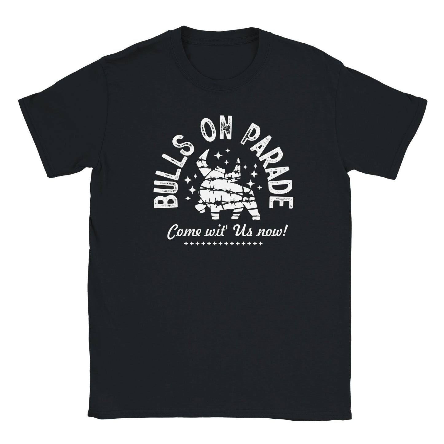 Barbed wire bull illustration with Bulls On Parade and Come wit' Us now text on black t-shirt