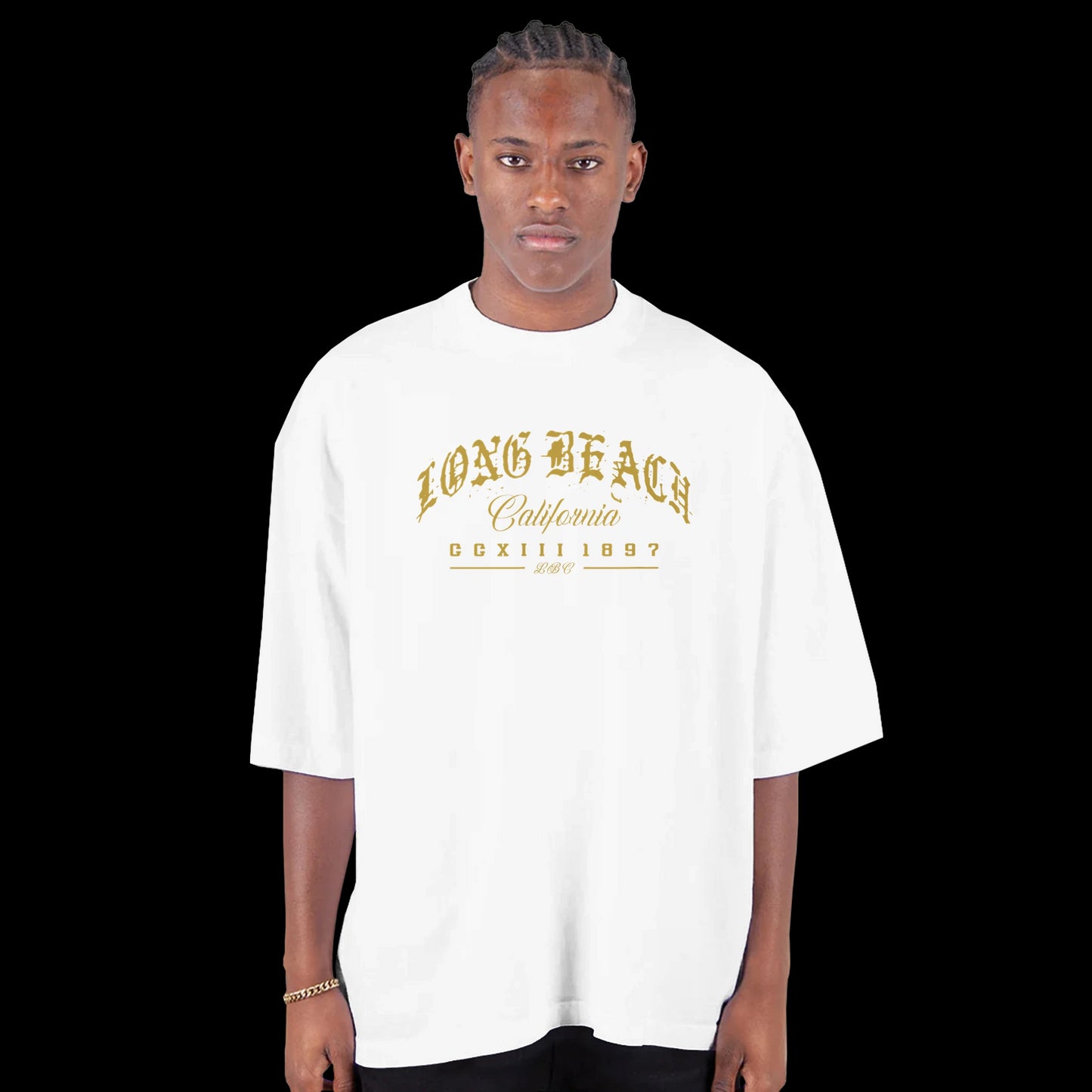 Golden Hour in the LBC Street Script gothic gold lettering design on a white T-shirt