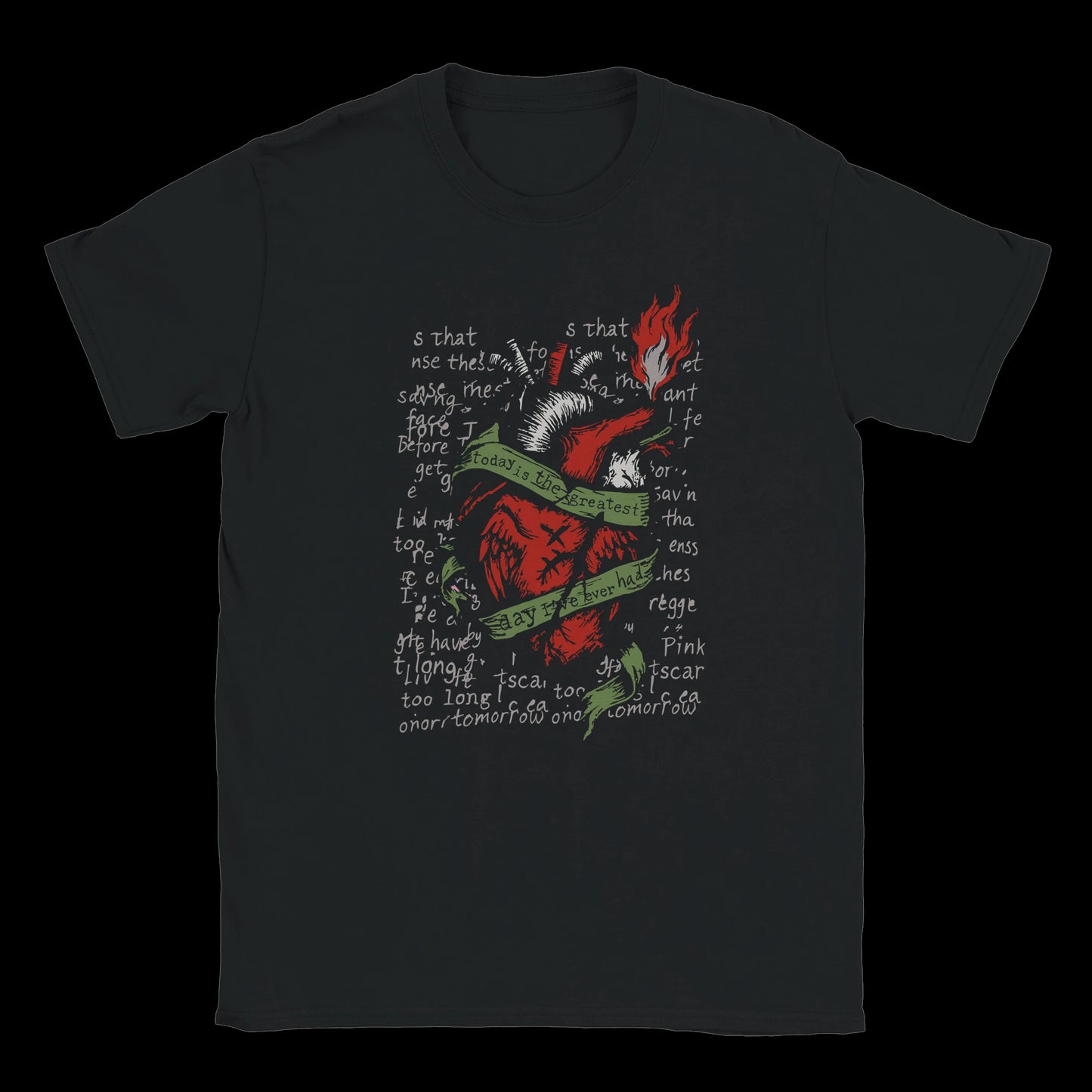 Flaming anatomical heart wrapped in green ribbon with Today Is the Greatest Day text on black t-shirt