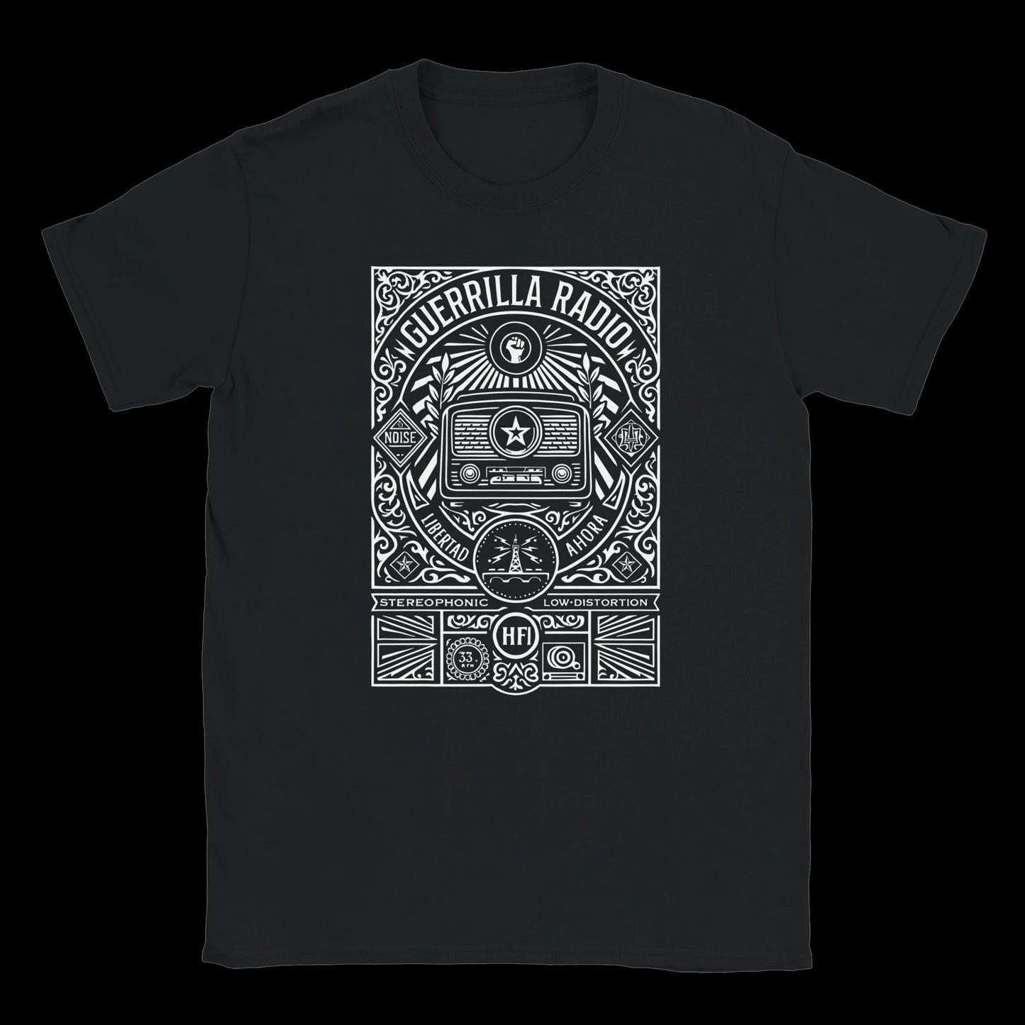 Intricate black and white design featuring vintage radio, power fist, and text Guerrilla Radio Libertad Ahora on black t-shirt