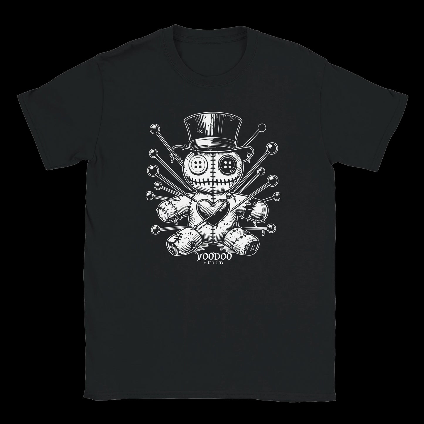 Black T-shirt featuring a stitched voodoo doll in a top hat with ritual pins and heart embroidery