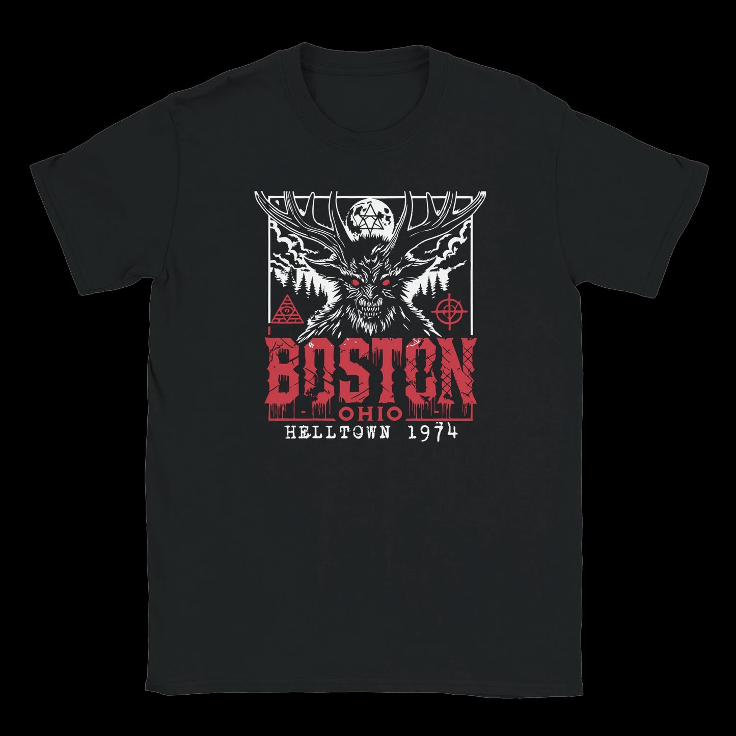 Black T-shirt with red-eyed antlered cryptid, ritual symbols, and bold Boston Ohio Helltown 1974 design