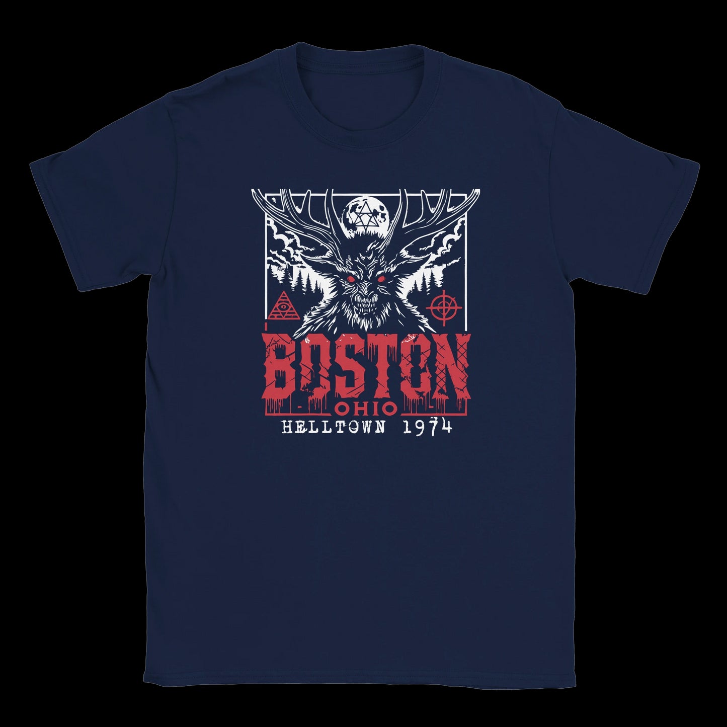 navy T-shirt with red-eyed antlered cryptid, ritual symbols, and bold Boston Ohio Helltown 1974 design