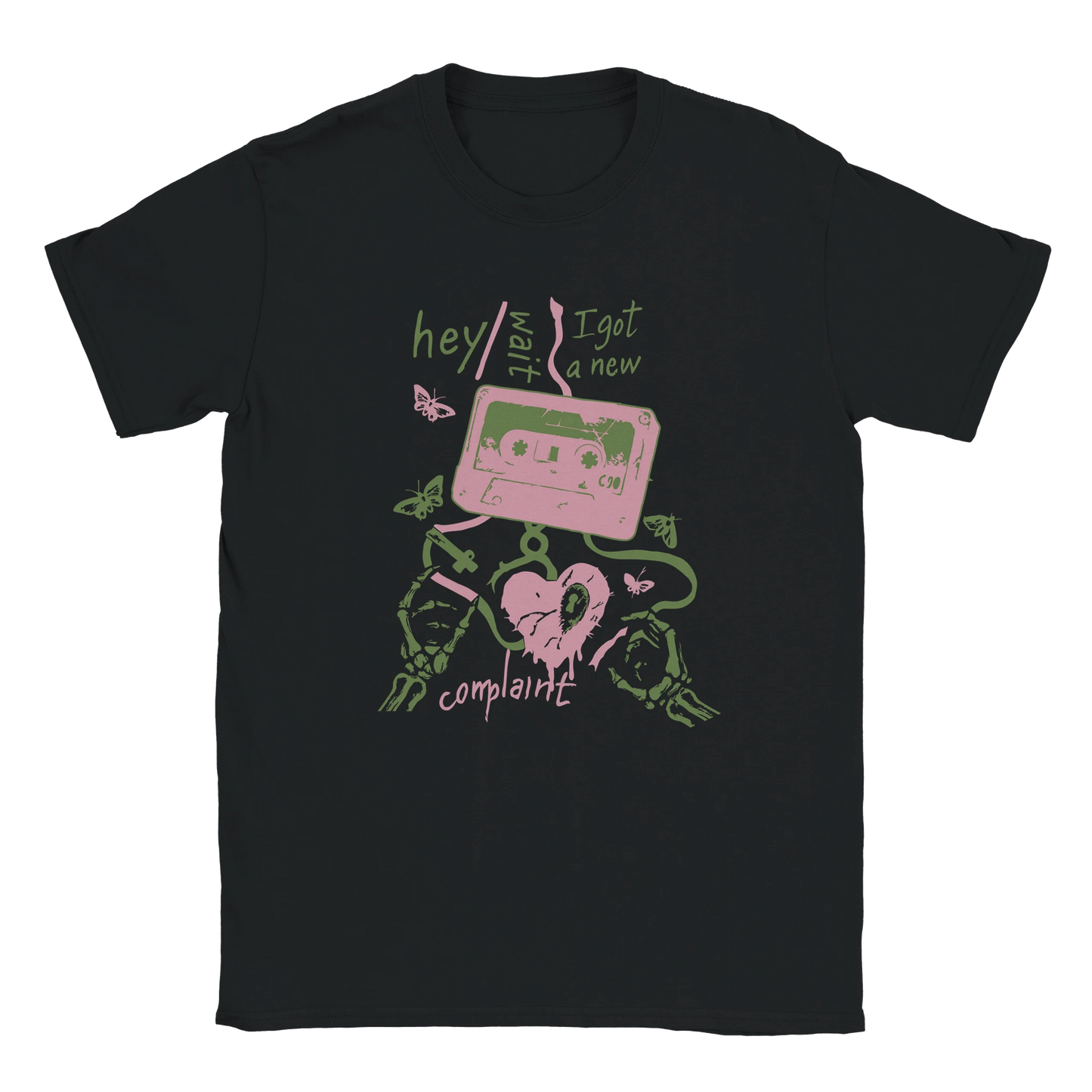 Black oversized streetwear T-shirt with Hey Wait Cassette graphic featuring cassette tape, skeleton hands, and grunge design