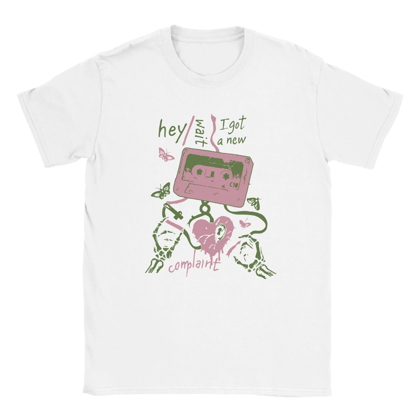 Black oversized streetwear T-shirt with Hey Wait Cassette graphic featuring cassette tape, skeleton hands, and grunge design