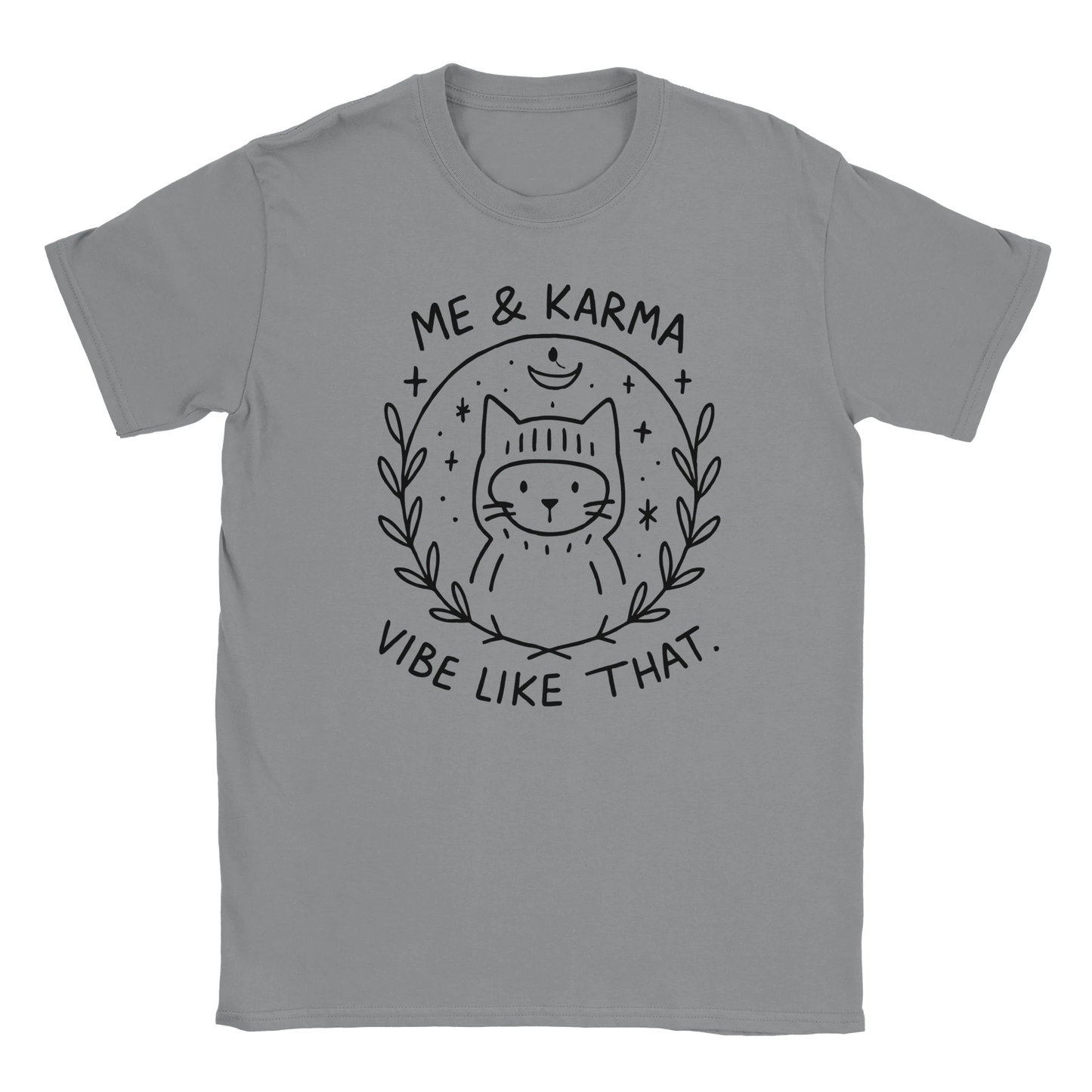 Grey T-shirt with cat wearing beanie and cosmic moon design, text reading Me & Karma Vibe Like That