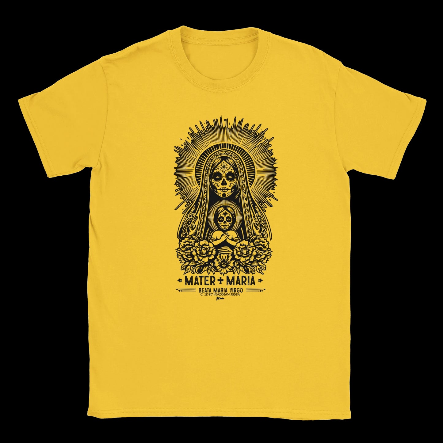 Daisy Yellow T-shirt featuring sacred Virgin and Child with skull faces, floral details, and gothic sunburst halo