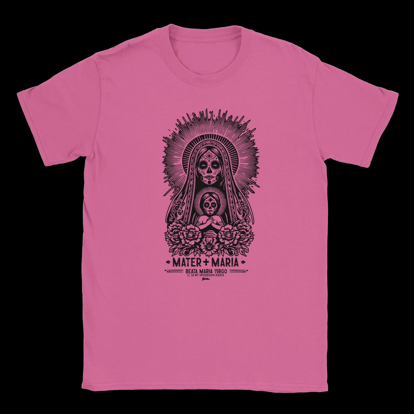 Pink T-shirt featuring sacred Virgin and Child with skull faces, floral details, and gothic sunburst halo