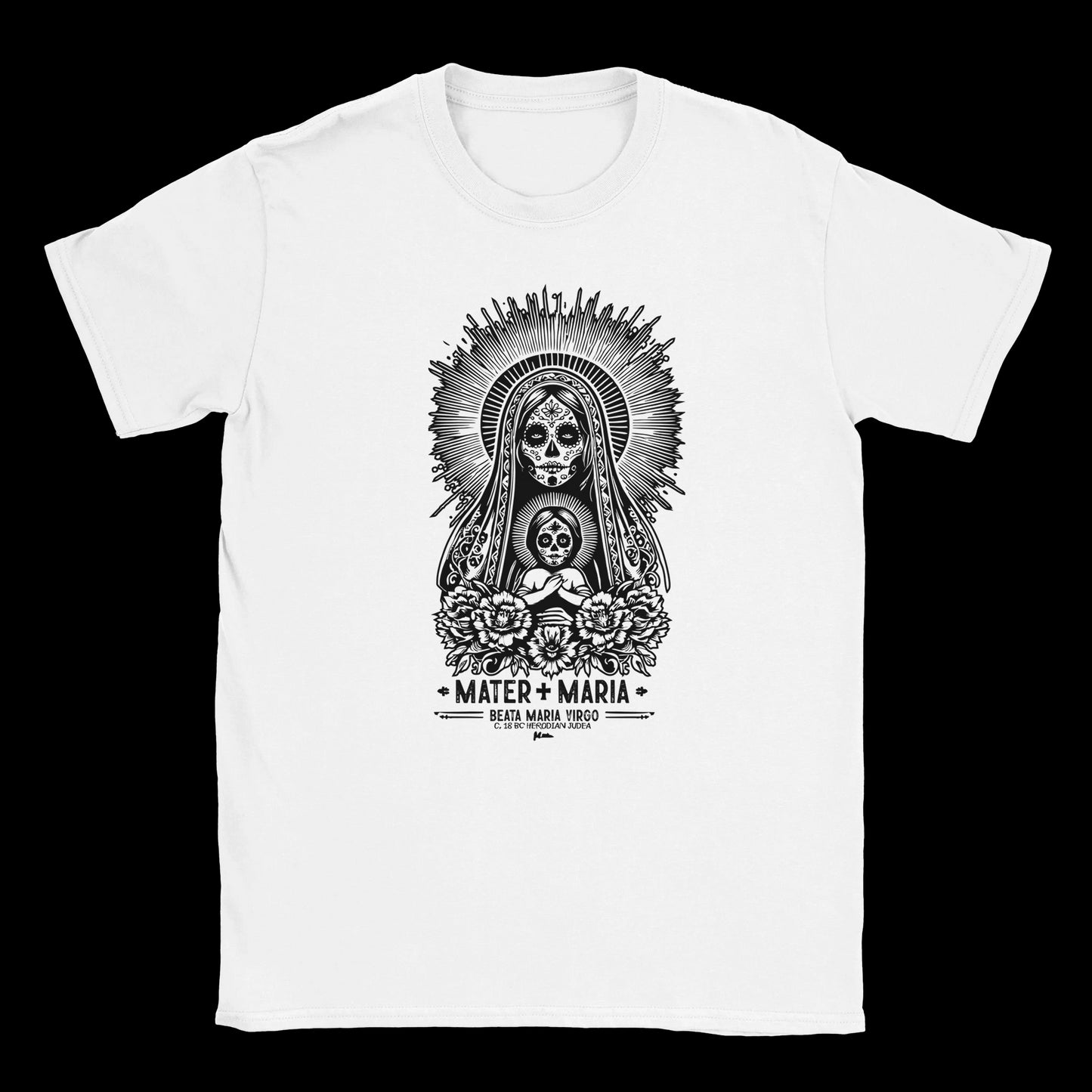 White T-shirt featuring sacred Virgin and Child with skull faces, floral details, and gothic sunburst halo