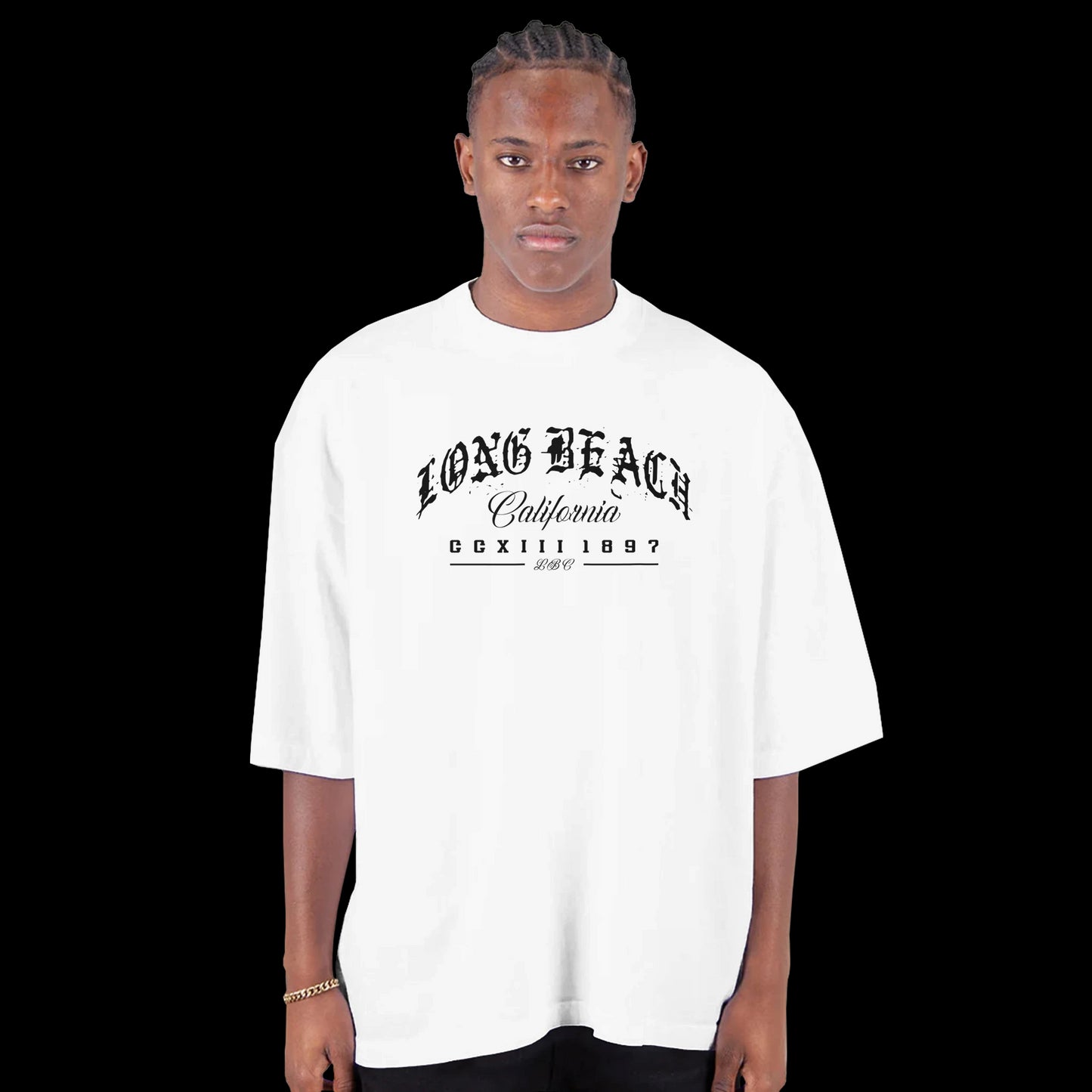 LBC Legacy West Coast Pride gothic script lettering design in black on a white T-shirt front