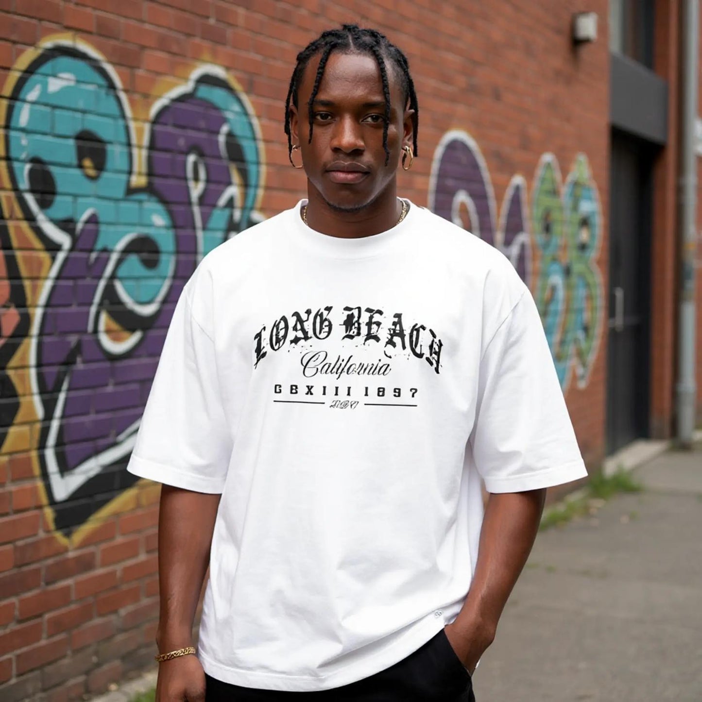 LBC Legacy West Coast Pride gothic script lettering design in black on a white T-shirt model