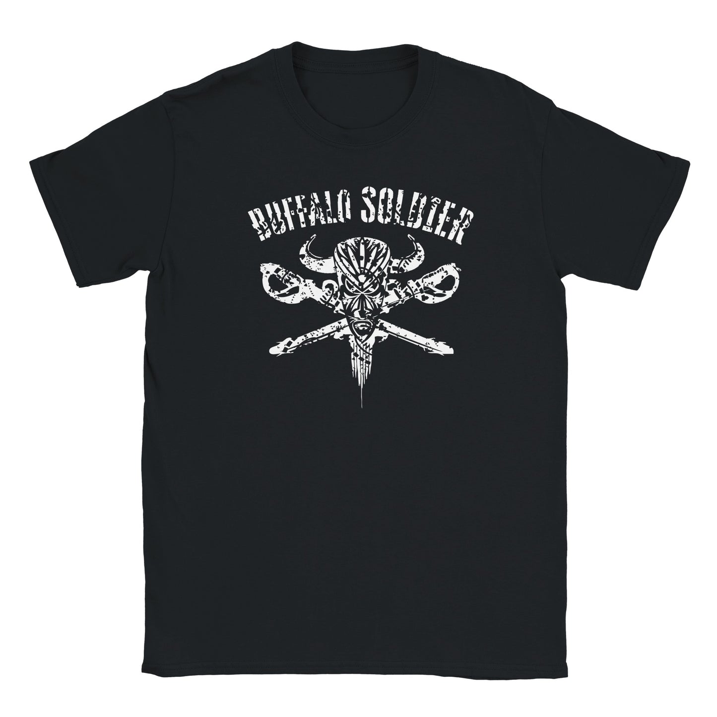 Black T-shirt with distressed Buffalo Soldier text, tribal mask, crossed rifles, and buffalo horn graphic