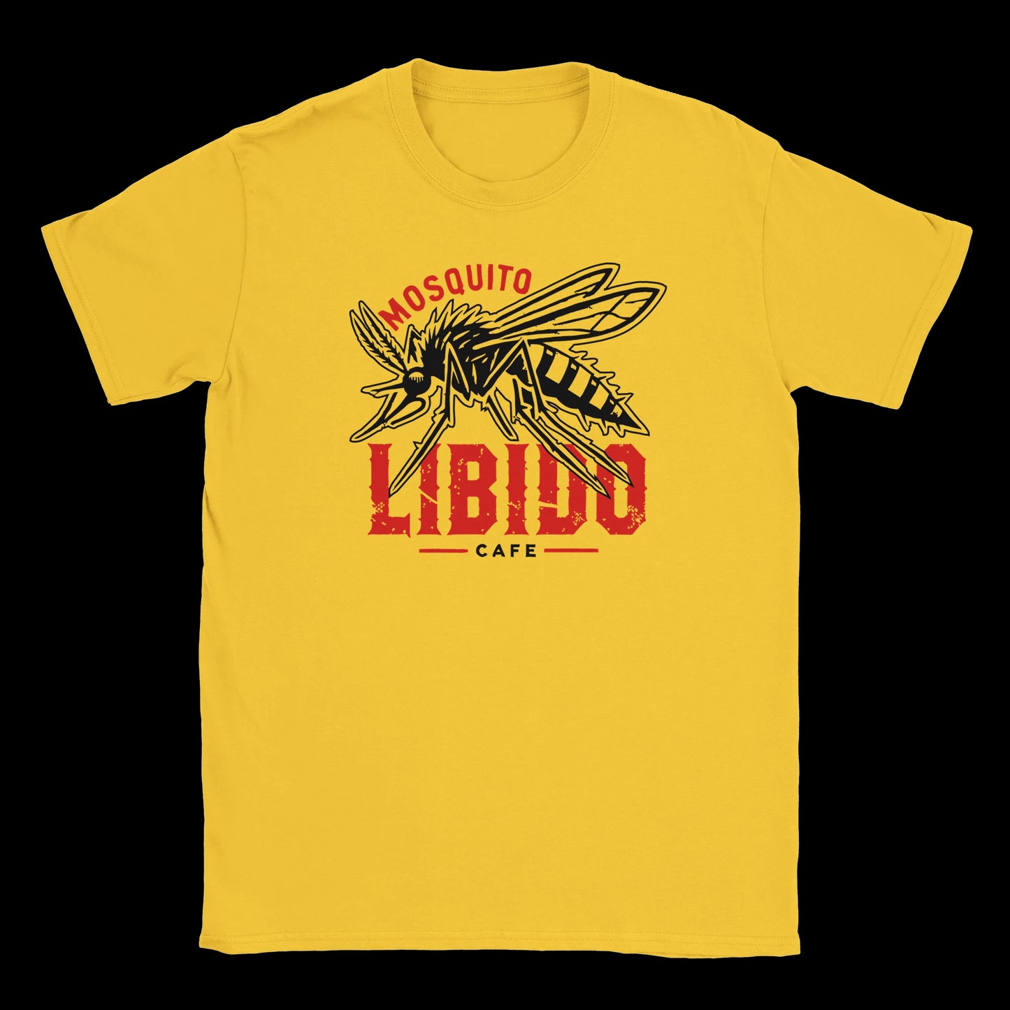 Mosquito Libido Café graphic with bold insect illustration and red distressed text on daisy streetwear tee