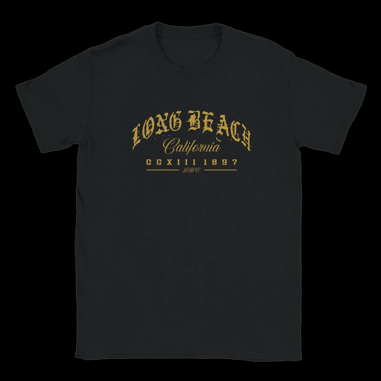 Long Beach State of Mind gothic gold lettering California design on a black T-shirt