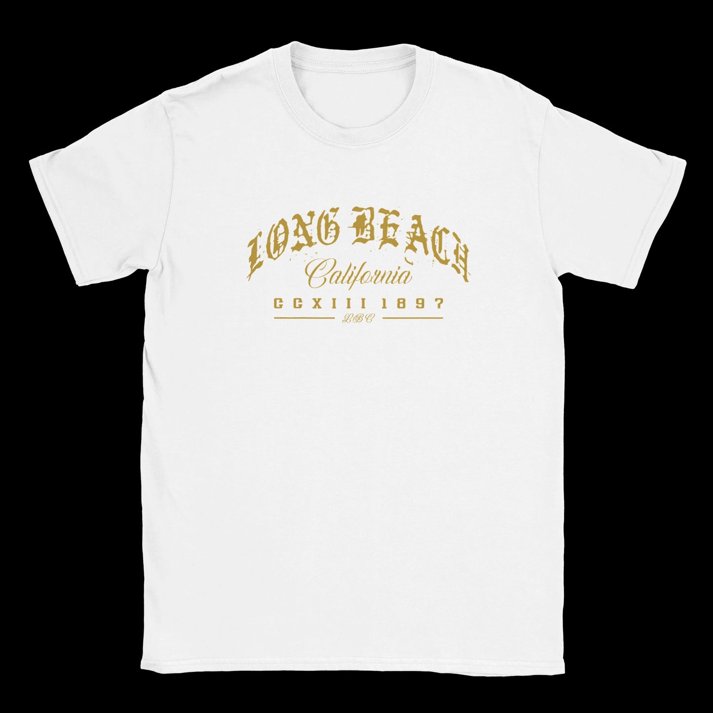 Long Beach State of Mind gothic gold lettering California design on a white T-shirt