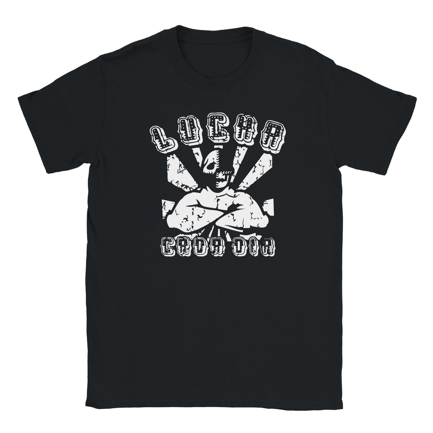Cracked white lucha libre mask graphic with bold block text reading Lucha Cada Día on black streetwear tee