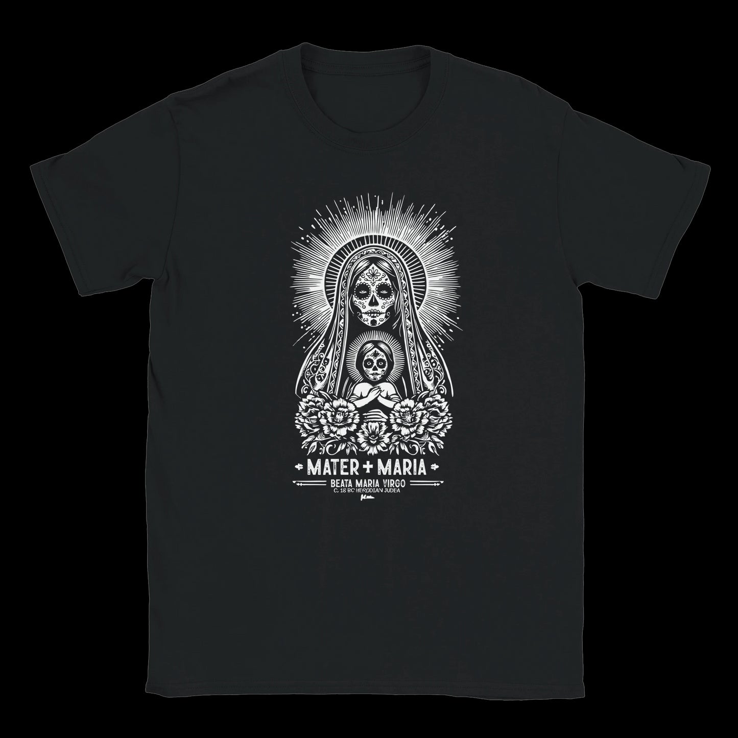 Sugar skull Madonna and child illustration with radiant halo and floral base on black gothic streetwear tee