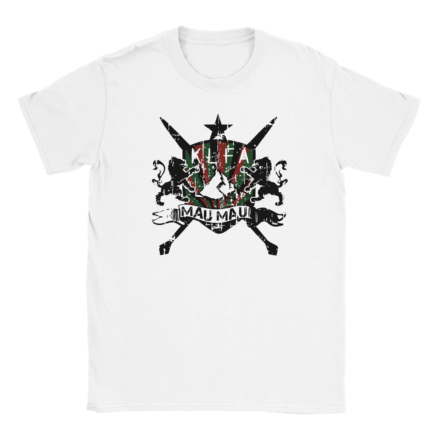 Distressed Mau Mau crest with lions, rifles, and KLFA colors on white streetwear tee