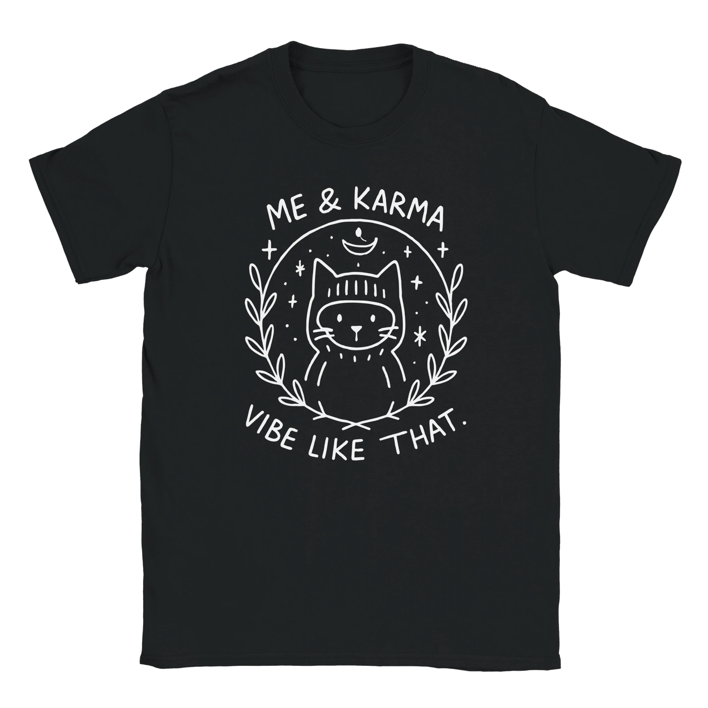 Graphic black T-shirt featuring white line art of a cat with the phrase Me & Karma Vibe Like That, cosmic stars and moon design