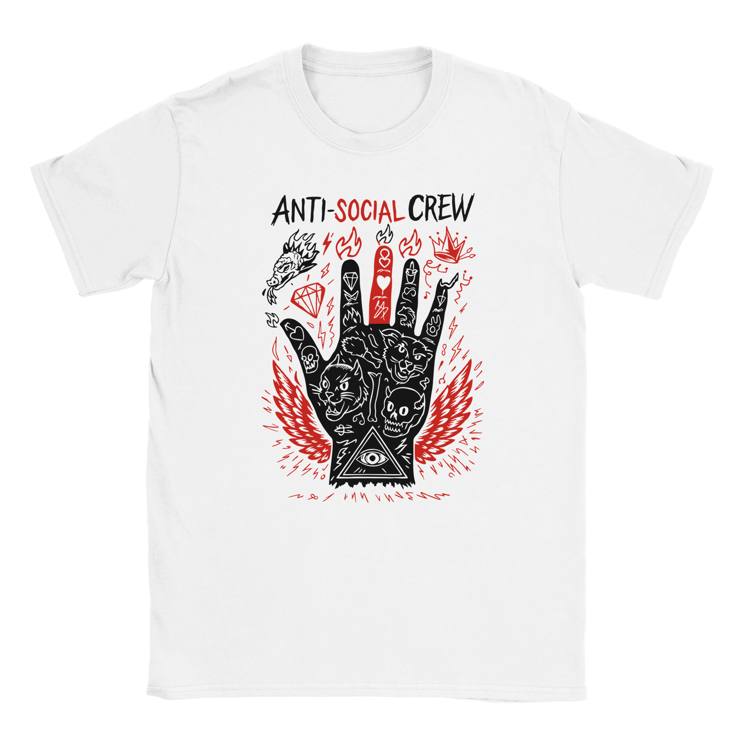 Tattooed hand with wings, skulls, cats, fire, and all-seeing eye under Anti-Social Crew text on white tee