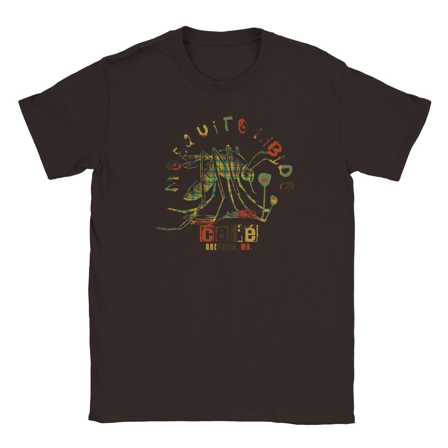 Distorted plaid mosquito graphic with glitchy café text and Aberdeen, WA on dark chocolate grunge streetwear tee