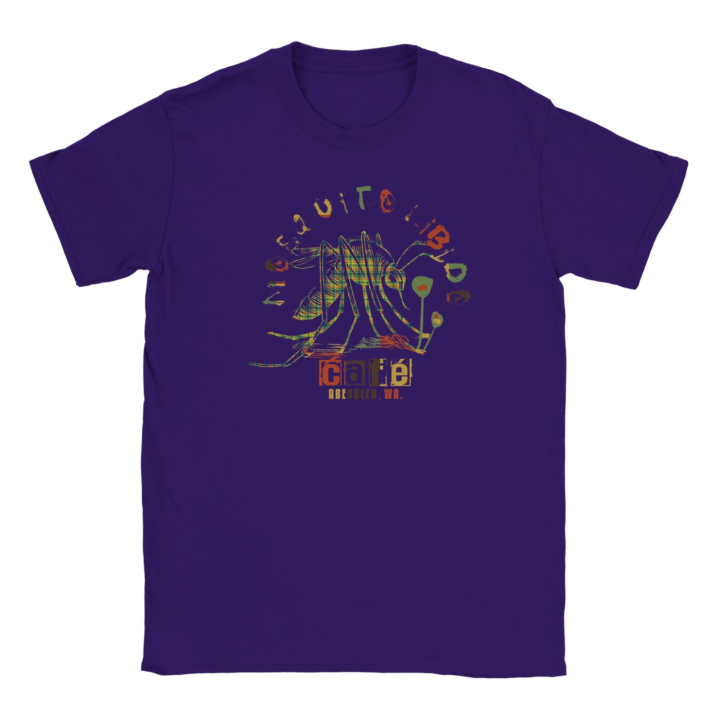 Distorted plaid mosquito graphic with glitchy café text and Aberdeen, WA on purple grunge streetwear tee
